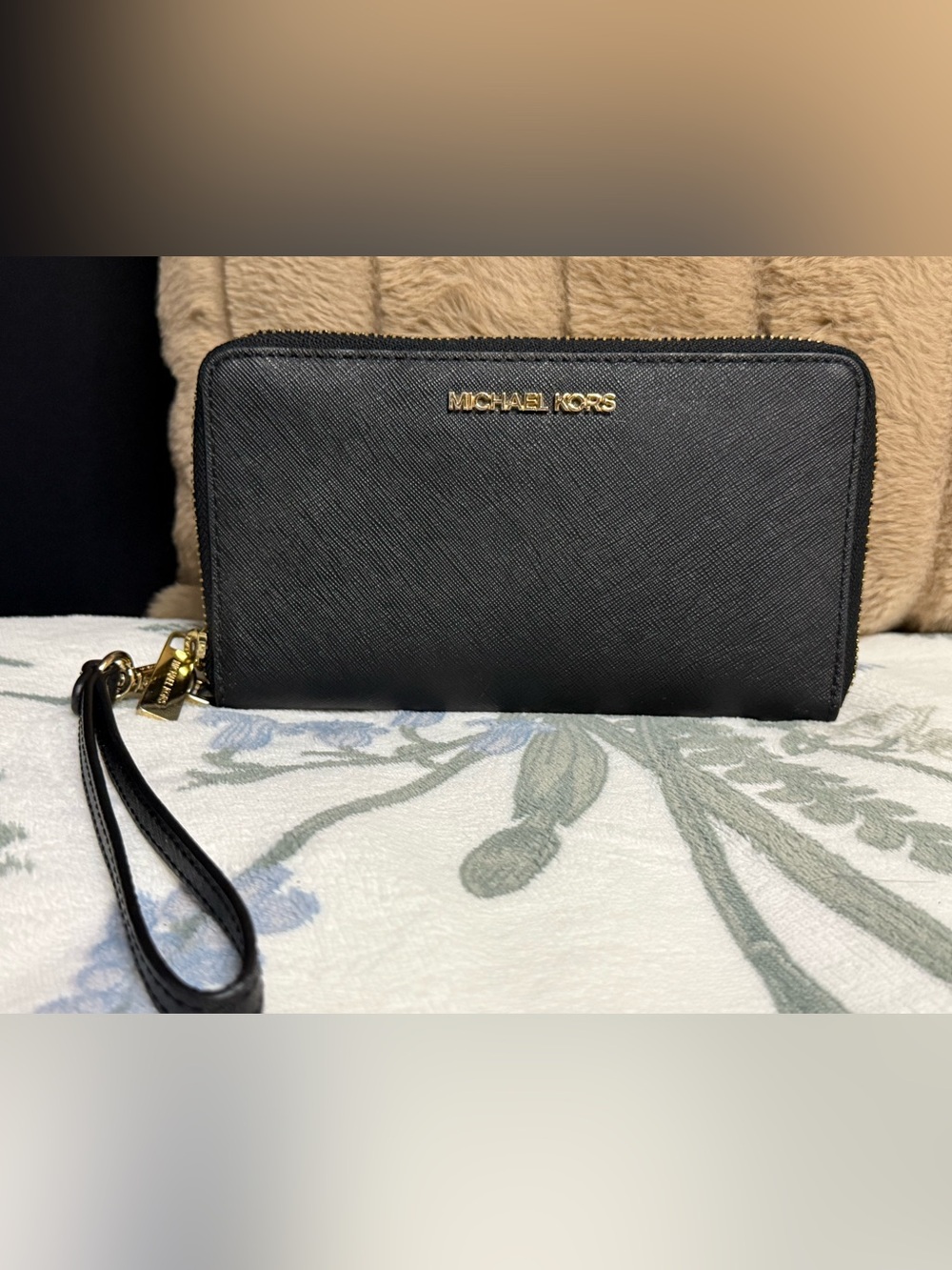 Michael Kors Black Saffiano Zip-Around Wallet with Gold Logo and phone pocket